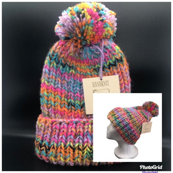 Pink Rainbow Bright Multi Color Double Strand Chunky Beanie with Pom Pom main image 14
